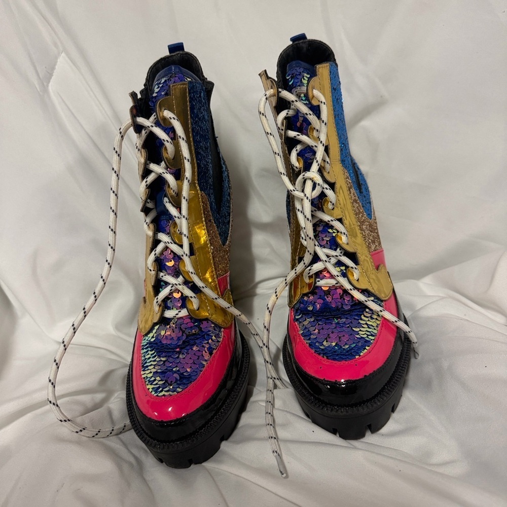 Cape Robbin Multicolor Sequin Lace-Up Platform Boots - Pink, Blue, Gold